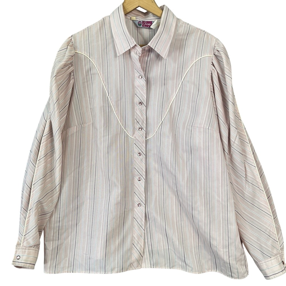VTG 80s Cameo Rose Soft Western Rodeo Shirt Sz 44 White Pink Stripes Pearl Snap